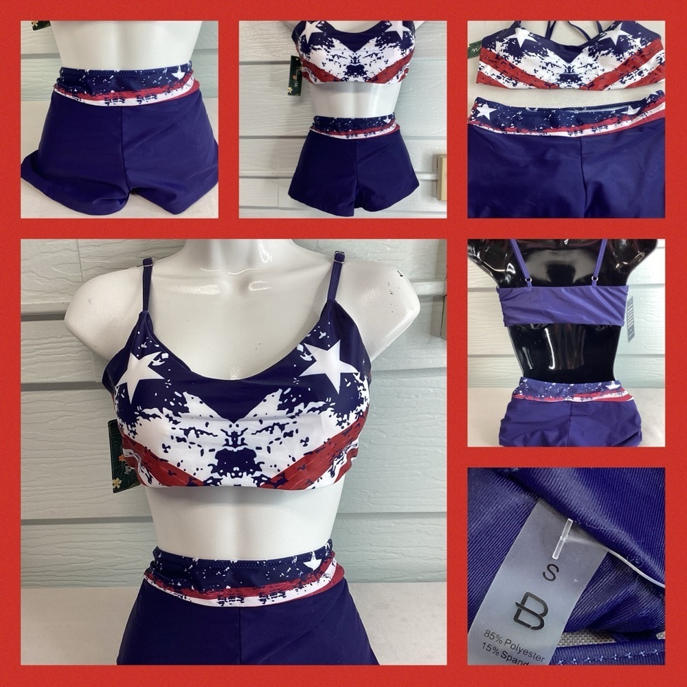 Patriotic, red, white and blue two piece boy short swimsuit - Picture 2 of 6
